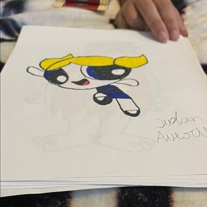 Cartoon Character Drawing with Yellow and Blue Accents